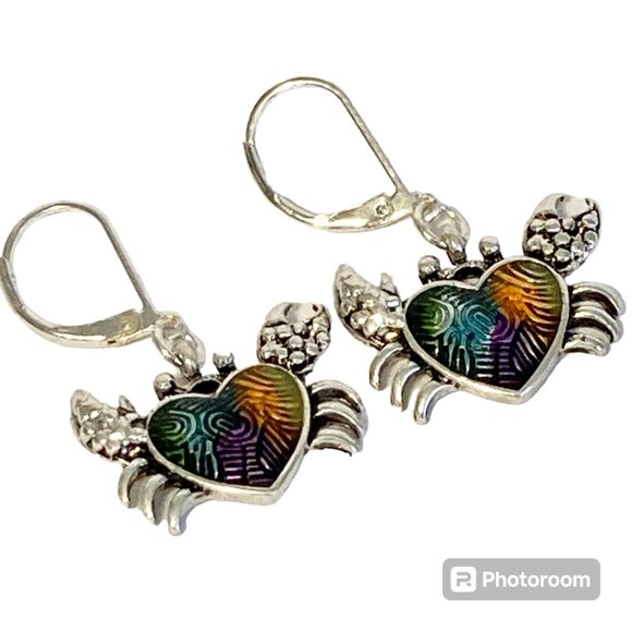 Crab Earrings Dangle Silver Plated Enamel Sea Life Beach Island Zodiac Cancer - Picture 2 of 10